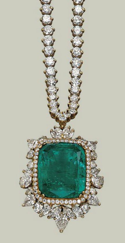 AN EMERALD AND DIAMOND NECKLACE The detachable pendant centering upon a cushion-shaped emerald within a circular-cut diamond frame and a pear-shaped, marquise- and brillant-cut diamond surround, to the graduated brillant-cut diamond line neckchain, mounted in gold, chain 41.0 cm Emerald And Diamond Necklace, Detachable Pendant, Diamond Frame, Royal Jewelry, Emerald Jewelry, Gorgeous Jewelry, Silver Diamonds, Modern Jewelry, Diamond Pendant