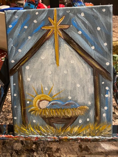 Diy Christian Canvas Painting, Christmas Inspired Paintings, Painted Manger Scene, Christian Christmas Paintings On Canvas, Simple Manger Scene Painting, Diy Nativity Painting On Canvas, Nativity Scene Painting Simple, Easy Manger Scene Painting, Easy Nativity Paintings On Canvas