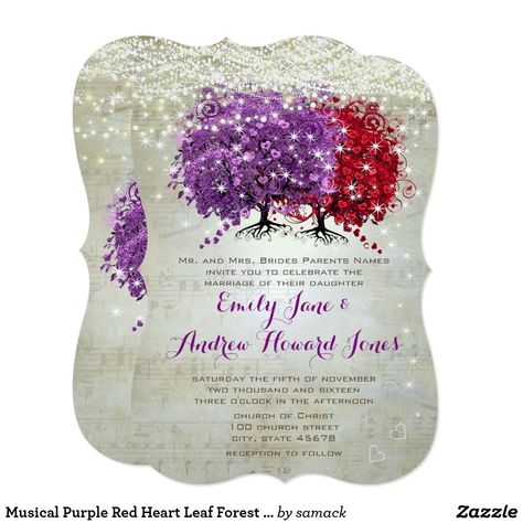 Musical Purple Red Heart Leaf Forest Tree Wedding Invitation Tree Wedding Invite, Red Purple Wedding, Country Style Wedding Invitations, Country Themed Wedding Invitations, Woodland Wedding Invitations, Fairytale Wedding Invitations, Purple And Silver Wedding, Fairy Lights Wedding, Tree Wedding Invitations