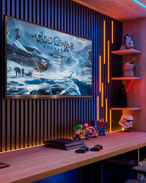 Gaming Room Setup Bedrooms, Gaming Themed Bedroom, Playstation Room, Luxury Game Room, Teenager Bedroom Design, Karaoke Room, Gaming Room Decor, Interior Design Games, Boy Bedroom Design