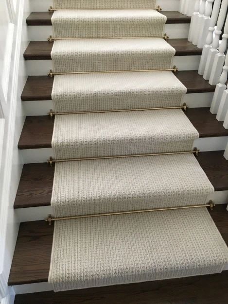 12 Stair Runner Ideas That Add Personality and Function! Brass Stair Rods Carpet Runner, Stair Runner Brass Rods, Carpet Runner On Stairs Brass Rods, Stair Runner With Brass Rods, Staircase Runner With Rods, Wooden Stairs With Carpet Runner, Stair Runner With Rods, Stair Runner Rods, White Banister