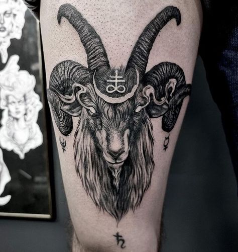 Animal Leg Tattoos, Mountain Goat Tattoo, Creepy Environment, Geometric Goat Tattoo, Goat Tattoos, Rasta Tattoo, Baphomet Tattoo, Tattoo Goat, Black Sheep Tattoo