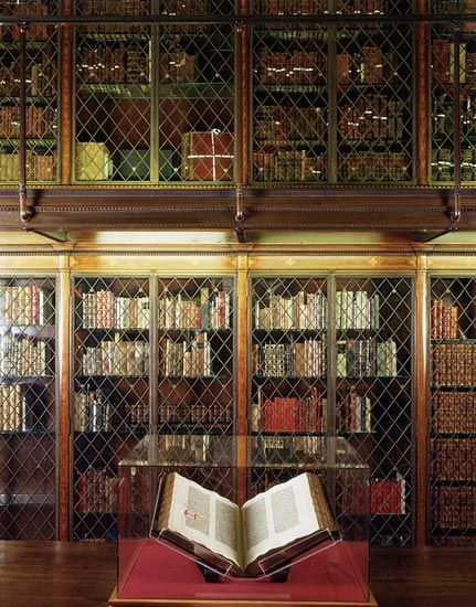 One of the Morgan's three Gutenberg Bibles is currently on view in front of the room's bookcases, which contain portions of the printed books collection. Photography by Todd Eberle. © Todd Eberle, 2007. Museum Pictures, Gutenberg Bible, Pieter Bruegel The Elder, Jp Morgan, Collection Photography, Morgan Library, Books Collection, The Morgan, Casement Windows