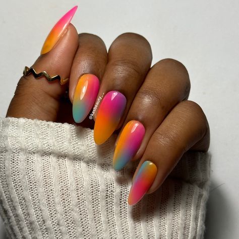 Abstract Pride Nails, Coloured Gel Nails, Oval Gel Nails Summer, Multi Colour Nail Art, Heat Map Nails, Funky Nails Inspo Summer, Kaleidoscope Nails, Carnival Nails Designs, Multi Coloured Nails