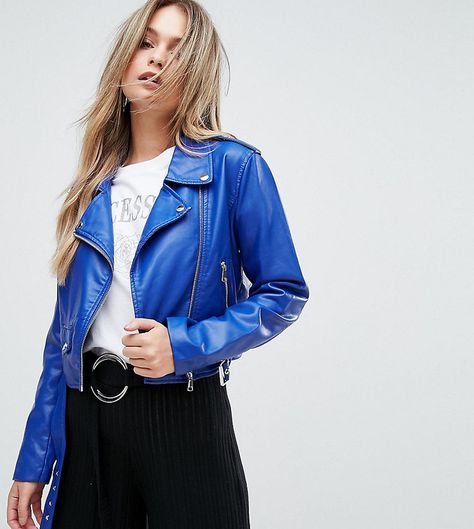 PrettyLittleThing Leather Look Biker Jacket Electric Blue Blue Leather Jacket Outfit, Red Jacket Outfit, Jacket Outfit Women, Womens Black Leather Jacket, Blue Leather Jacket, Vegan Clothing, Leather Jacket Outfits, Jacket Outfit, Leather Jackets Women