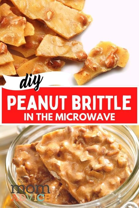 Easy Microwave Peanut Brittle Recipe (The BEST Gift Idea) - MomAdvice Microwave Peanut Brittle Recipe, Quick Holiday Treats, Pistachio Brittle, Microwave Peanut Brittle, Easy Microwave Recipes, Peanut Brittle Recipe, Almond Brittle, Peppermint Marshmallows, Easy No Bake Cheesecake