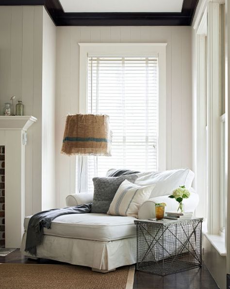 A crab trap side table and a lamp—both from a local boutique—bookend this sitting area's Shabby Chic chaise lounge. Remodel Trailer, Oversized Chaise Lounge, Interior Hallway, Interior Farmhouse, Target Home, Cozy Reading Corners, Gothic Home, Chaise Lounges, Shabby Chic Bedrooms