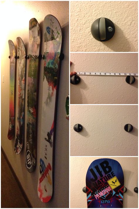 Use door stops to mount your snowboard collection on a wall. An easy, cheap and sturdy way to display a collection.   1. Make sure to buy the floor mount style stopper. You'll need two per board. 2. Measure the waist and nose width of your boards and note where the average is. Most boards noses are larger than 11" while their waists are narrower. 3. Drill holes that are level for each stopper and mount to wall with hardware.  Mounting or dismounting a board is as easy as sliding it up or down Snowboard Storage, Board Organization, Gear Room, Snowboard Racks, Ski Rack, Summer Vacation Spots, Ski Storage, Diy Display, Storage Wall