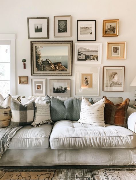 Wall Colages Living Room, Art Behind Couch Ideas, Art For Behind The Couch, Picture Wall Over Couch, Living Room Photo Wall Ideas, Wall Behind The Couch, Bare Wall Ideas, Large Wall Behind Couch Decor, Behind Couch Wall Decor