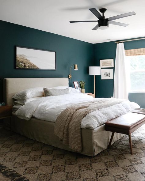 Cream Bed Dark Wall, Beige Headboard Dark Wall, Teal Primary Bedroom, Primary Bedroom Trends 2023, Beige And Dark Green Bedroom, Primary Bedroom Paint Ideas, Headboard Art Above Bed, Primary Bedroom Art, Dark Green Primary Bedroom