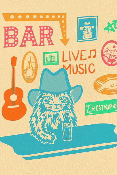 Country Bars, Cute Cowboy Hat, Bar Wallpaper, Tennessee Aesthetic, Country Illustration, Cat Bar, Country Bar, Teen Wall Art, Printable Wall Collage