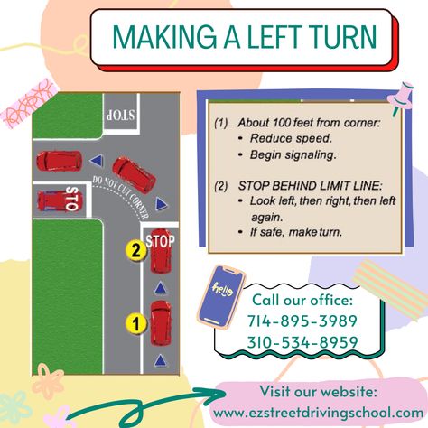 Basic Driving 101: Let's learn how to make a left turn 👈⬅️🚦🚙🛣 These left turn techniques are guaranteed to be asked on your driving test ✅🚗 Visit our website now!💻 www.ezstreetdrivingschool.com Call us ☀️ Orange County🍊: (714)895-3989 South Bay Area⛵️: (310)534-8959 Practice Driving Test, Dmv Driving Test, Driving Tips For Beginners, Learning To Drive Tips, Driving Test Tips, Learn Car Driving, Driving Theory Test, Driving Basics, Safe Driving Tips