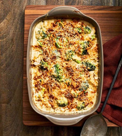 Crispy onions and Parmesan are a match made in heaven in this lightened-up casserole made for busy weeknights. Our Crispy Onions and Parmesan Chicken-Broccoli Casserole is designed to suit most tastebuds, young and old alike. Baked Chicken Casserole Recipes, Hot Dish Recipes, Chicken Broccoli Bake, Weeknight Casseroles, Southern Living Recipes, Recipes Southern, Summer Chicken, Chicken Casseroles, Broccoli Bake