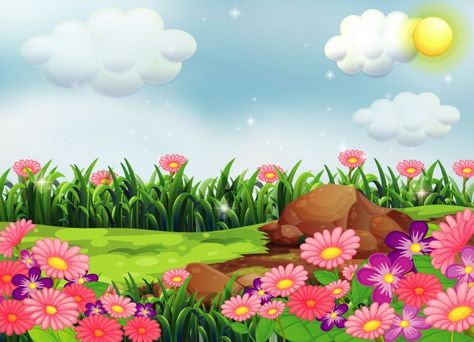 Pink flowers in nature scene with the sk... | Free Vector #Freepik #freevector #flower #cartoon #outdoor #rural Flower Field Aesthetic, Baby Zebra Drawing, Cartoon Palm Tree, Flower Garden Drawing, Flowers In Nature, Zebra Drawing, Flowers Cartoon, Field Aesthetic, Cartoon Garden