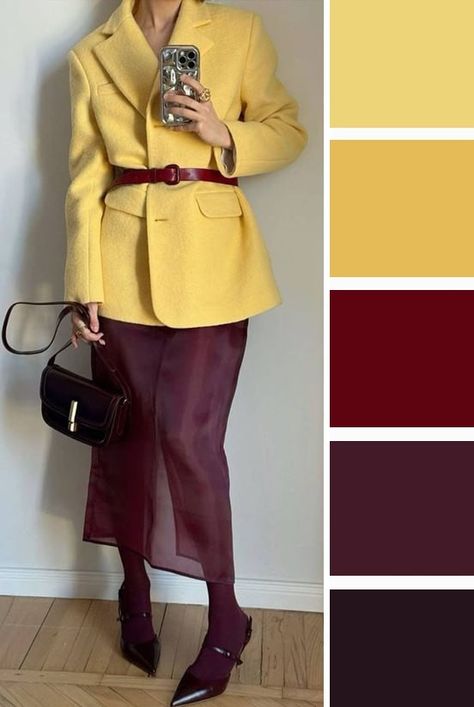 Fall Complimentary Colors, Burgundy Palette Color, Burgundy And Yellow Outfit, Plum Color Combinations Outfit, Fall 2024 Color Trends Fashion, Fall Color Palette Clothes, Plum Outfit, Burgundy Color Palette, Autumn Color Palette Fashion