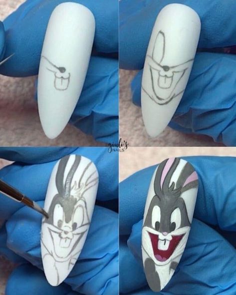 Bugs Bunny Nails, Cartoon Nail Designs, Minion Nails, Nails Grunge, Disney Acrylic Nails, Unghie Nail Art, Animal Nail Art, Funky Nail Art, Bunny Nails