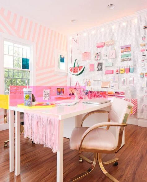 Colourful Office Space, Pink Craft Room, Colorful Office Space, Colourful Office, Pink Home Offices, Pink Home Office, Fun Office Decor, Pegboard Wall, Bright Office