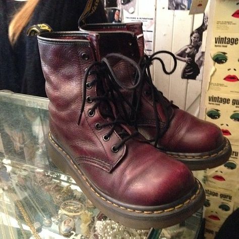 Dark Red Doc Martens - size UK 6 - £28 #docmartens #docs #shoes #boots #vintage #vintageguru #glasgow #scotland #uk #byresroad #fashion #style #trend #student #instagram #twitter #cool #retro Dark Red Boots, Red Docs, Red Platform Doc Martens, Cherry Red Dr Martens, Dark Red Doc Martens, Dr Martens Boots Red, Red Doc Martens, Blue Eyeliner, Red Boots