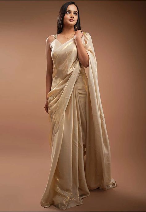 Solid Color Satin Saree in Beige Golden Georgette Saree, Champagne Saree, Farewell Saree, Farewell Sarees, Golden Saree, Georgette Material, Draped Saree, Plain Saree, Back Neck Designs