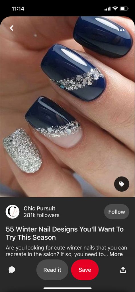 Navy Blue And Burgundy Nails, Shellac Nail Designs Winter, Navy Blue And Silver Nails Short, Pretty Winter Nails Classy Blue, Navy Silver Nails, Winter Gel Nail Designs, Nails That Go With Navy Blue Dress, Navy Blue Christmas Nails, New Years Nails Blue