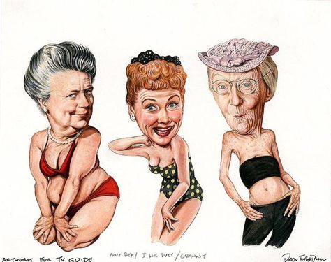 Sitcom Sirens by Drew Friedman (1990s) Beverly Hillbillies, The Beverly Hillbillies, Andy Griffith Show, The Andy Griffith Show, Andy Griffith, Funny Caricatures, Celebrity Caricatures, Caricature Drawing, Lucille Ball