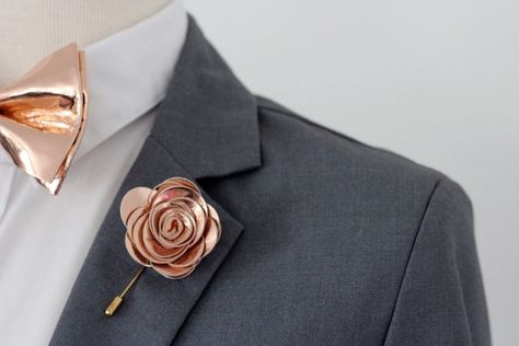 Rose Gold Boutonniere, Rose Gold Wedding Accessories, Groom Colours, Blue Boutonniere, Rose Gold Wedding Cakes, Gold Bow Tie, Leather Bow Tie, Flower Lapel, Groomsmen Boutonniere