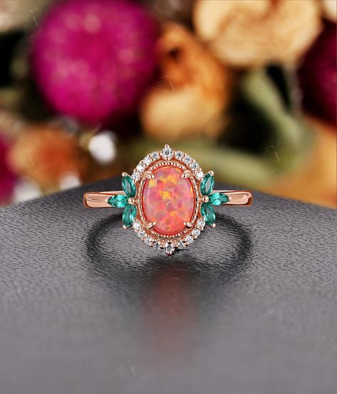 Guess your favorite Ring：https://www.etsy.com/listing/699139357 https://www.etsy.com/listing/938521537 ★ Settings ☆ Metal: 14K / 18K Solid Gold  ☆ Gold Color: Rose / White / Yellow ★ Main Stone ☆ Type: Lab Opal ☆ Shape: Oval Cut ☆ Size: 8*6 mm ★ Side Stones ☆ Type: Moissanite ☆ Total Carat Weight: approx 0.098 ct ☆ Shape: Round ☆ Color: DEF ☆ Clarity: VVS-VS ☆ Type: Lab Emerald ☆ Total Carat Weight: approx 0.162 ct ☆ Shape: Marquise ▷ Weight of gold: about 3.33 g ▷ Band width: 1.8 mm ▷ Band Thic Black Opal Engagement Ring Set, Opal Wedding Ring Set, Boho Jewels, Cute Engagement Rings, Opal Wedding Rings, Ring Marquise, Engagement Ring Rose Gold, Cluster Engagement Ring, Engagement Rings Opal