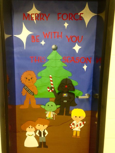 Star Wars Christmas Classroom Door, Star Wars Holiday Door Decoration, Star Wars Christmas Bulletin Board, Starwars Christmas Door Decorations, Star Wars Christmas Door Decorations, Christmas Decorations Outdoor Diy, Christmas Theme Door, Winter Wonderland Classroom, Star Wars Christmas Decorations