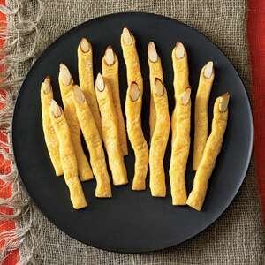 Cheddar Witch's Fingers Recipe | MyRecipes Tea Party Food Halloween, Finger Breadsticks Halloween, Halloween Food For Party Savoury, Halloween Party Snacks Savory, Halloween Savoury Party Food, Halloween Savory Party Food, Halloween Savoury Food, Halloween Tea Party Food, Halloween Tea Party Ideas