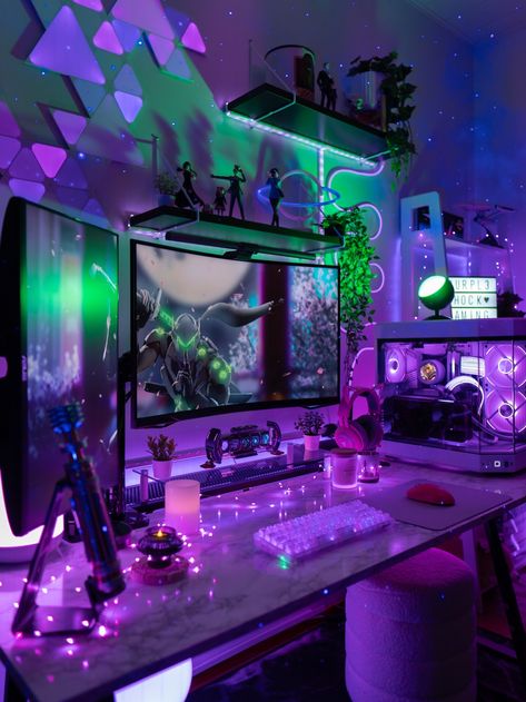 purpl3shock | Sofia | RGB Gaming Setup (@purpl3shock_gaming) on Threads Rgb Gaming Setup, Purple Gaming Setup, Cyberpunk Room, Games Room Inspiration, Small Game Rooms, Purple Games, Gamer Setup, Pc Gaming Setup, Pc Desk