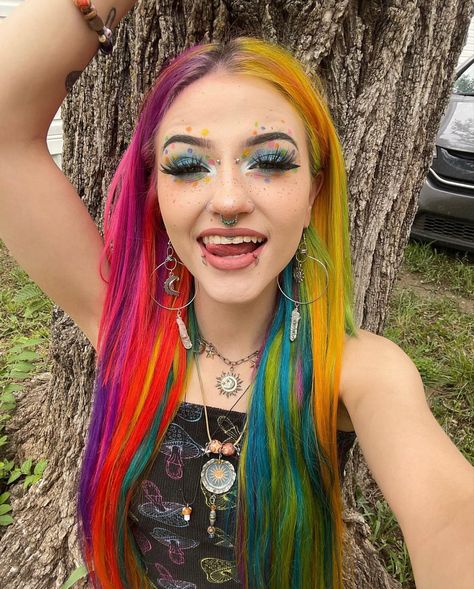 Lisa Frank Hair, Multicolor Hair Ideas, Style My Hair, Multi Colored Hair, Hair Tinsel, Hair Color Crazy, Dyed Hair Inspiration, Multicolored Hair, Emo Hair