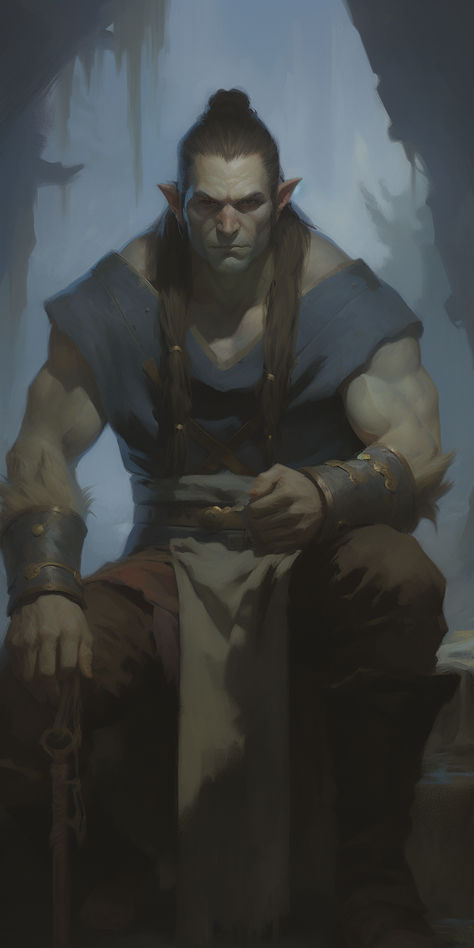 Half Orc Barbarian Male, Orc Swordsman, Dnd Orc Character Design, Orc Warrior Male, Half Orc Male Character Design, Half Orc Character Design, Half Elf Barbarian, Half Orc Dnd Male, Half Orc Wizard