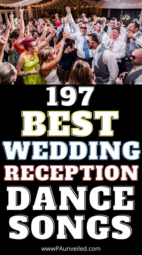 A pin that shows a big wedding reception party. It has many people dancing together to the best wedding reception music. Wedding Dance Playlist Fun, Best Wedding Playlist For Dancing, Country Music Wedding Playlist, Dance Songs For Wedding Reception, Party Songs Playlists Dance, Wedding Song Playlist 2022, Wedding Songs For Reception, Songs To Get People Dancing At Wedding, Slow Dance Songs Playlists