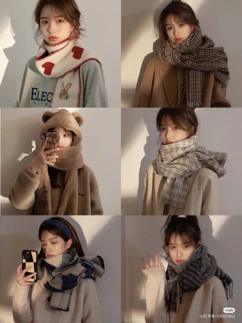 Korean Scarf Outfit, Muffler Outfit, White Scarf Outfit, Korean Scarf, Outfits With Scarf, Outfits With Scarves, Scarf Aesthetic, Scarf Outfit Winter, Korean Winter Outfits