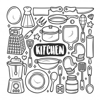 Kitchen tools on shelves | Free Vector Kitchen Doodle Art, Kitchen Tools Drawing, Icons Hand Drawn, Kitchen Icon, Notebook Doodles, Zestaw Ikon, Arte Doodle, Pencil Drawings For Beginners, Doodle Art Drawing