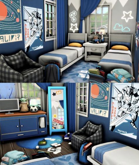 Twin Room Sims 4, Sims 4 Ps4 Room Ideas, Sims 4 Twins Bedroom Cc, Sims 4 Boys Room, Sims 4 Living Room, Boys Space Bedroom, Sims Room, Sims Freeplay Houses, Space Themed Room