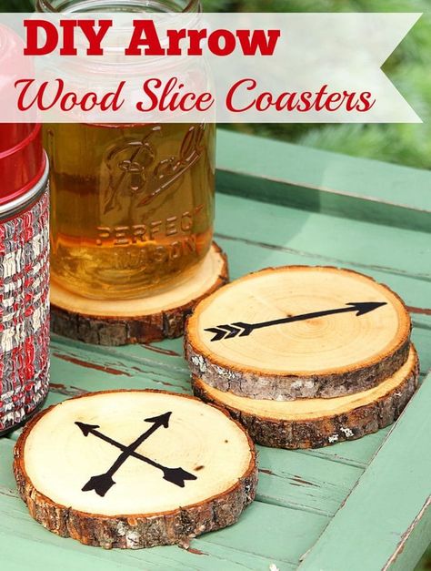 Super easy DIY Wood Slice Coasters made from craft store wood slices. No fancy wood burning tools required. Includes free printable templates for the arrows! Wood Slice Crafts Diy, Wood Burning Tools, Wood Slice Coasters, Diy Arrow, Free Printable Templates, Cheap Ideas, Wood Burning Tool, Wood Projects For Beginners, Wood Slice Crafts