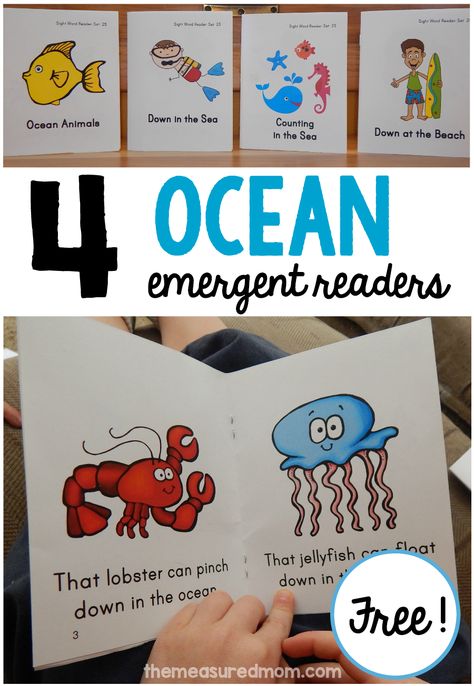 Get these free ocean emergent readers for your beginning reader... they're great to use alongside an ocean animals unit! Ocean Lessons, Ocean Kindergarten, Ocean Ideas, The Measured Mom, Ocean Theme Preschool, Measured Mom, Ocean Theme Classroom, Sight Word Books, Ocean Unit