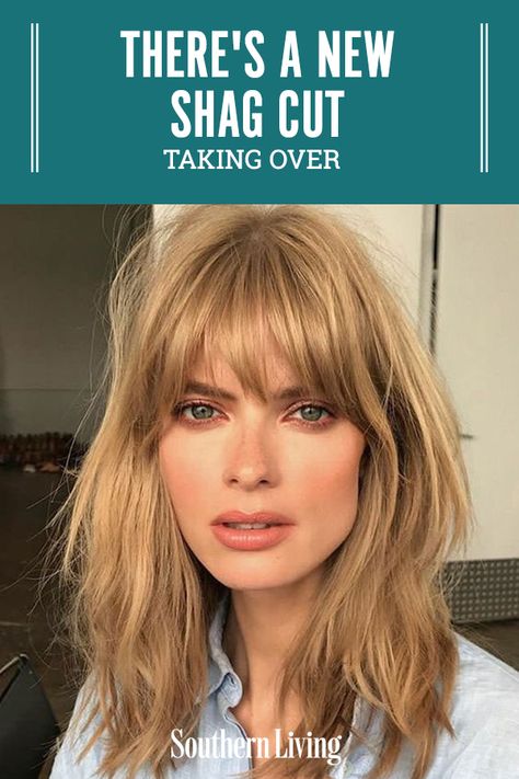 The new shag that’s taking over salons everywhere. This modern nod to the shag cut that reigned supreme in the 1970s is just as mussed and layer-heavy, but a little softer in approach. And it’s so flattering. #shaghaircut #hairstyles #beauty #hairinspiration #southernliving Med Shag Haircut With Bangs, Should Length Shag Hair, Beach Waves And Bangs, Fine Shaggy Hair, Shag Hairstyle With Curtain Bangs, 1970 Shag Haircut For Women, Heavy Bangs And Layers, Mid Length Haircut For Fine Hair With Bangs, Classic Shag Haircut For Women