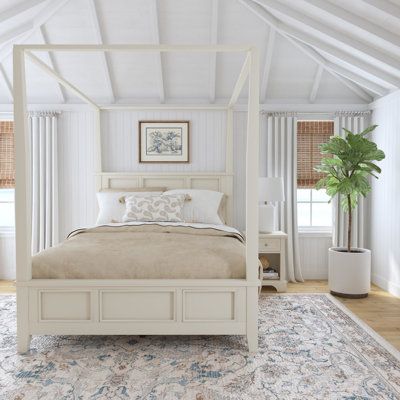 A traditional anchor for your child's restful space, this panel canopy bed’s classic details are sure to please. Crafted from mahogany and awash in an off-white finish, it showcases raised panels and tapered legs that put it in league with fresh, coastal ensembles and traditionally styled abodes alike. The canopy frame presents a place for you to drape fabric and craft a look that’s all your own, while an included nightstand rounds out the look in fine form. Bed Size: Queen | Mosqueda Canopy 2 P Low Profile Canopy Bed, Modern Farmhouse Bedding, Wood Canopy Bed, Queen Canopy Bed, White Queen Bed, Drape Fabric, Wood Canopy, Canopy Frame, Farmhouse Bedding