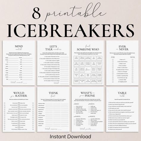 Break the ice and get your party started with these fun icebreaker games! Playing games is a great way to break the ice, get people talking and lighten the mood. These printable party starters are designed to get guests interacting and get your party going. The games are the perfect addition to any occasion; from dinner parties and work meetings to game nights. Everyone will love these fun party icebreakers. This icebreaker games bundle includes the following 8 games and activities: * Ever or Ne Simple Ice Breakers For Adults, Ice Breaker Bingo For Adults, Ice Breaker Games For High Schoolers, Ice Breaking Activities For Adults, Ice Breaker Games For Adults Parties, Printable Games For Adults Free, Work Ice Breaker Games, Break The Ice Games, Get To Know You Games For Adults