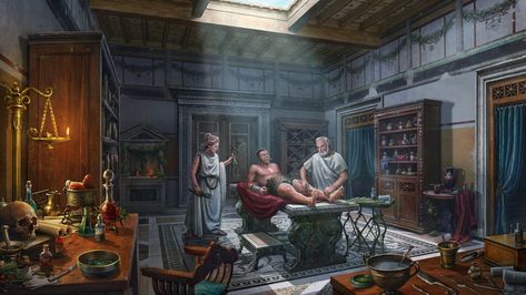 Ancient hospital, Oleh Yolchiiev on ArtStation at https://www.artstation.com/artwork/nYOElo Medieval Hospital, Fantasy Hospital, Ancient Houses, Roman Republic, Roman Architecture, Classical Antiquity, Roman Art, Pompeii, Ancient Romans