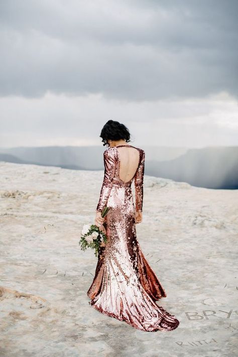 Rose Gold Sequinned Wedding Dress | Heart and Colour Queensland Wedding Photographers | HOORAY! Mag | Bridal Inspiration Colored Wedding Dress, Gold Wedding Dress, Wedding Dress Sequin, Sequin Wedding, Traditional Wedding Dresses, Blue Mountains, Rose Gold Wedding, Bride Wear, Wedding Dress Inspiration