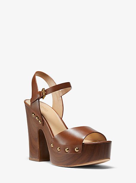 Michael Kors : Leonor Leather Platform Sandal Neutral Handbag, Wood Platform Heels, Brown Sandals Heels, Neutral Sandals, Michael Kors Flats, Wooden Heels, Tory Burch Sandals, Leather Platform Sandals, Boots Heels