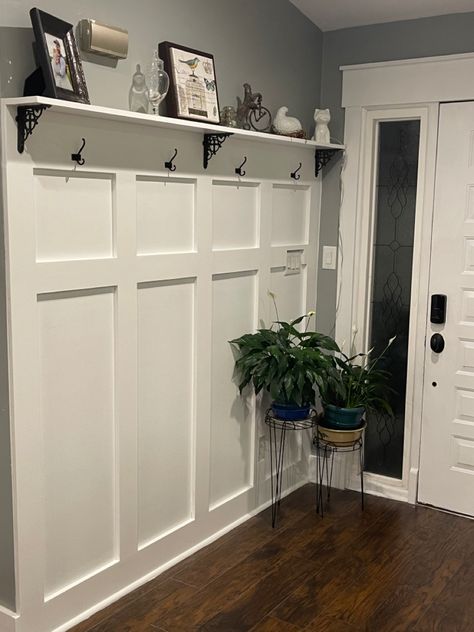 Mudroom Divider Wall, Foyer Ideas Entryway Board And Batten, Board And Batten Front Door, Board And Barton Entryway, Board And Batten Entryway With Bench, Mudroom Storage Diy, Tight Entryway Ideas, Wainscoting Ideas Entryway, Entryway Wall Ideas