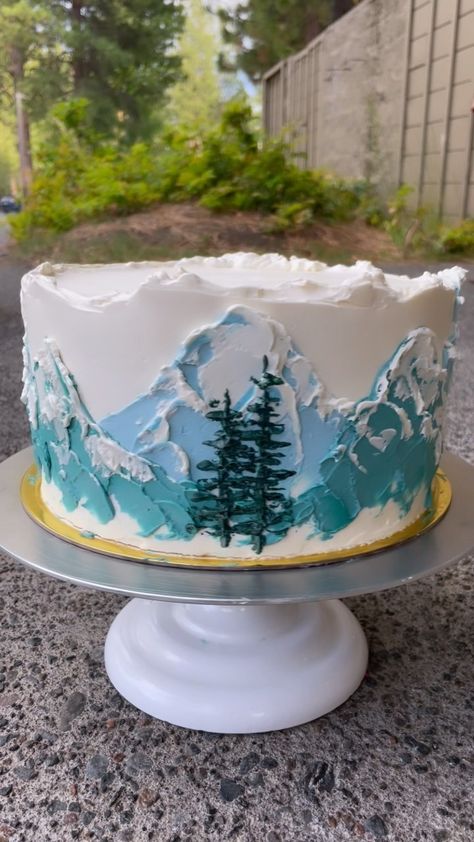 Camping Cake Ideas Simple, Alaska Themed Cake, Northern Lights Wedding Cake, Mountain Cake Ideas, Northern Lights Cake, Booze Cakes, Landscape Cake, Lake Cake, Bike Cake