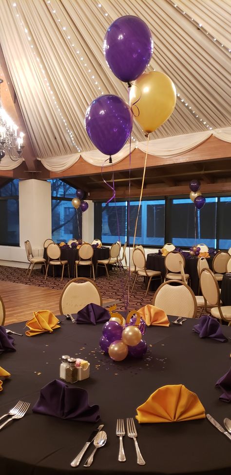 Purple Black And Gold Centerpieces, Purple Gold And Black Party Decorations, Purple 50th Birthday Ideas For Women, Purple And Gold Graduation Party Ideas, Purple And Gold Centerpieces, Purple And Gold Party Decorations, Black And Gold Centerpieces, 40th Party Decorations, 50th Birthday Party For Women