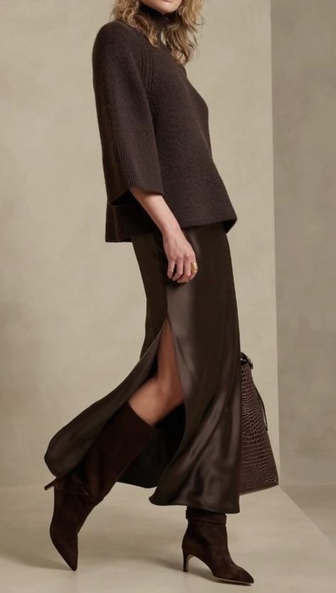 Silk Skirt And Sweater, Brown Skirt Outfit, Silk Skirt Outfit, Long Silk Skirt, Charmeuse Fabric, Silk Maxi Skirt, Bias Cut Skirt, Maxi Skirt Outfits, Skirts With Boots