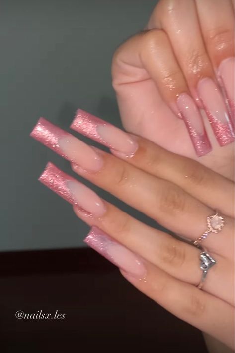 Christmas Acrylic Nails Long Square, Pink Bottoms Nails, Latina Acrylic Nails Pink, Pink Birthday Acrylic Nails, Pink Crystal Nails, Medium Pink Nails, Sweet 16 Nail Ideas, Latina Nail Designs Pink, Pink Hoco Nails