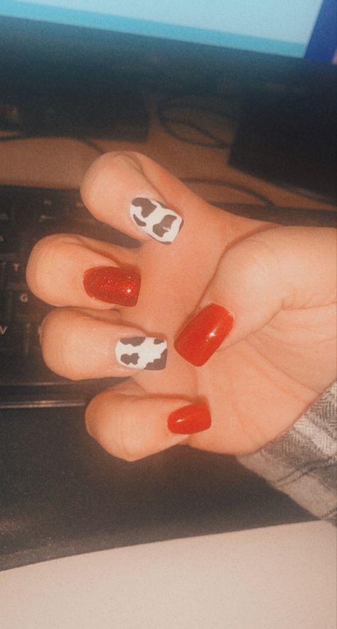 Red White And Blue Cow Print Nails, Red Country Nails, Red Cow Print Nails, Red Western Nails, Red Hoco Nails, Prom Prep, Country Acrylic Nails, Cow Print Nails, Red Hoco